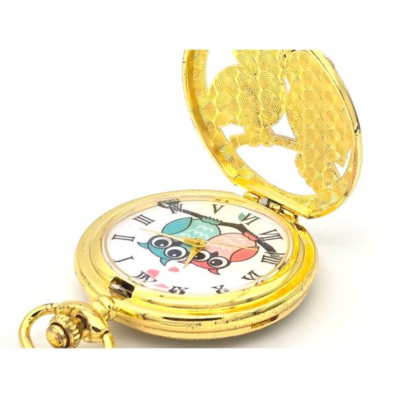 Twin Owls Pocket Watch - Gift for Bird Lovers Gold Owl Pendant Costume Jewelry - Picture 3 of 10